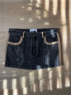 Afterhour / FashionNova Western Black Denim Mini Skirt with Tan Trim